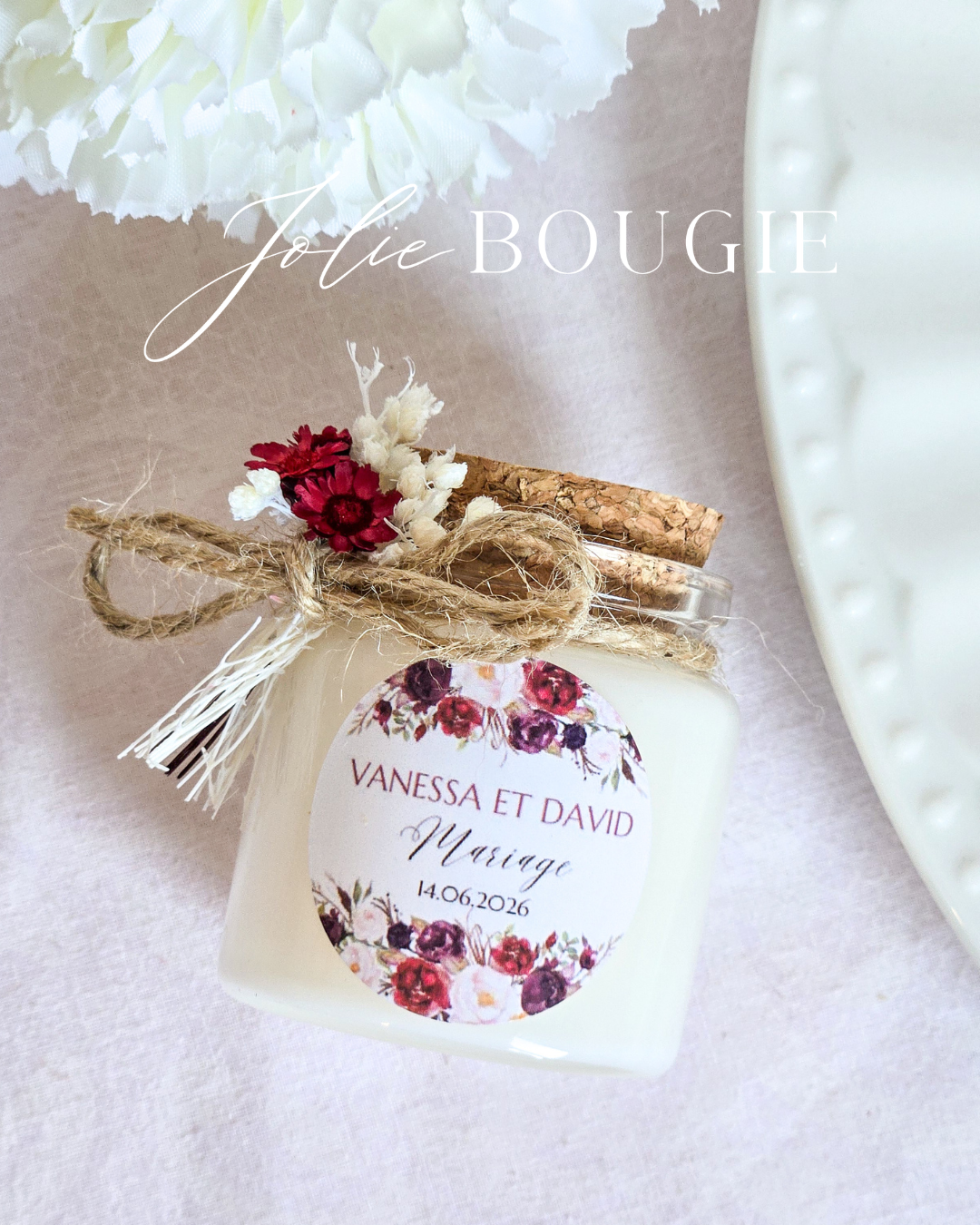 Bougie personnalisée mariage en liège 50ml – Cadeaux invités